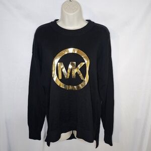 NWOT Womens Michael Kors Black Gold Metallic Logo Graphic Sweater Long Sleeve M